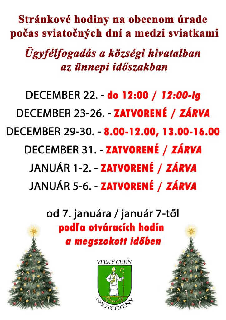 Stránkové hodiny na obecnom úrade  počas sviatočných dní a medzi sviatkami