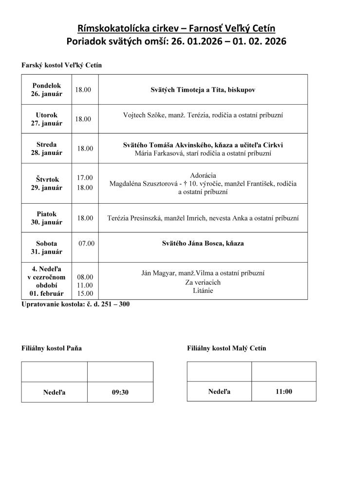  Poriadok svätých omší: 26.1.2026 - 1.&nbsp;2. 2026