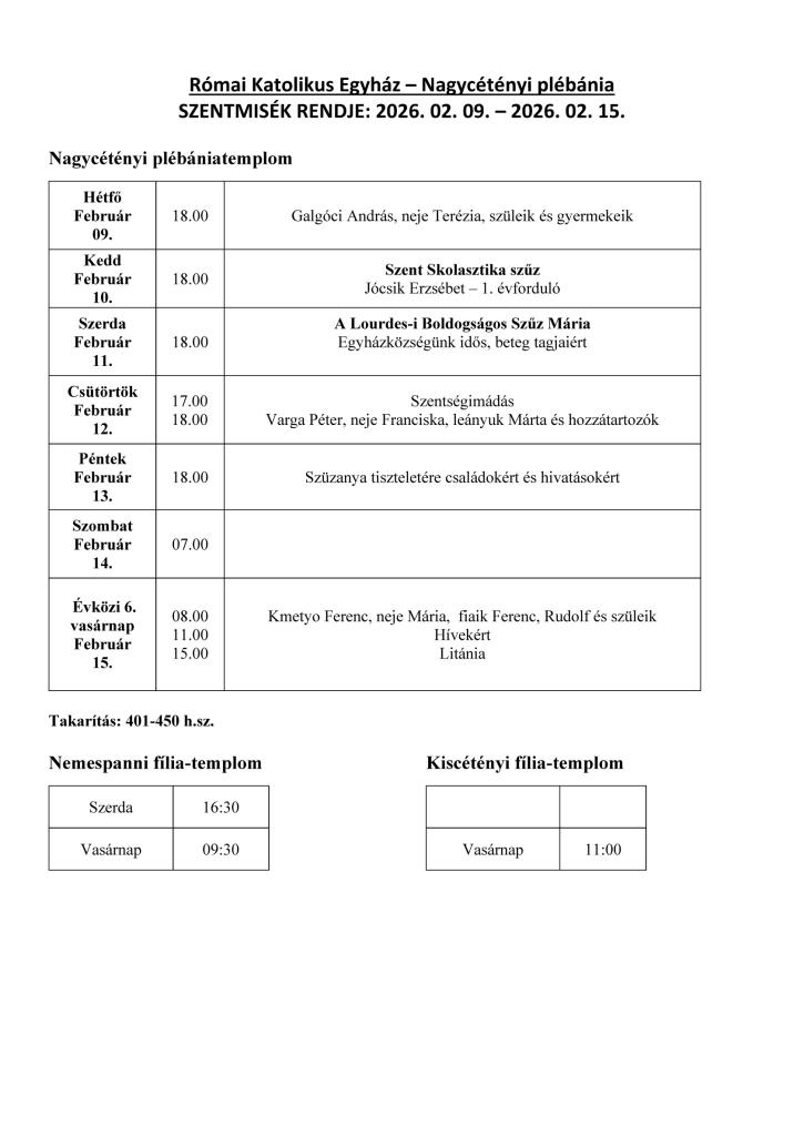 Szentmisék rendje 2026.&nbsp;2. 8.&nbsp;- 2026.&nbsp;2. 15.