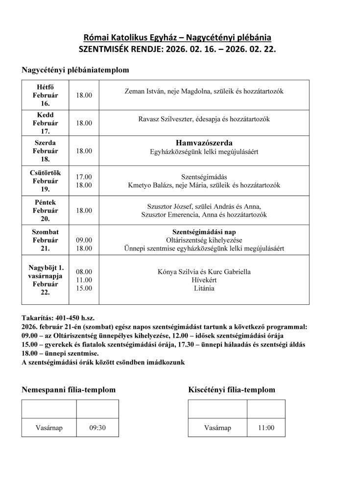 Szentmisék rendje 2026.&nbsp;2. 16.&nbsp;- 2026.&nbsp;2. 22.