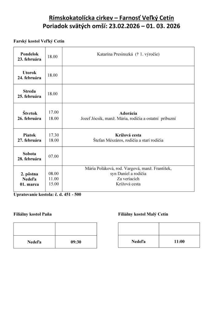 Poriadok svätých omší: 23.2.2026 - 1.&nbsp;3. 2026