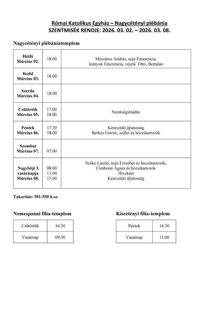 Szentmisék rendje 2026.&nbsp;3. 2.&nbsp;- 2026.&nbsp;3. 8.
