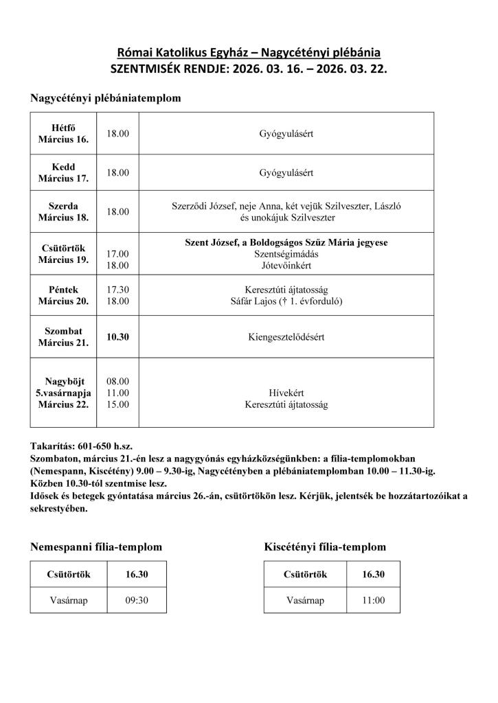 Szentmisék rendje 2026.&nbsp;3. 16.&nbsp;- 2026.&nbsp;3. 22.