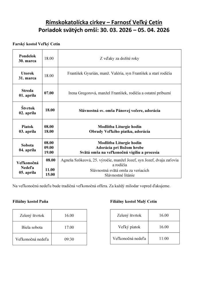 Poriadok svätých omší: 30.3.2026 - 5.&nbsp;4. 2026