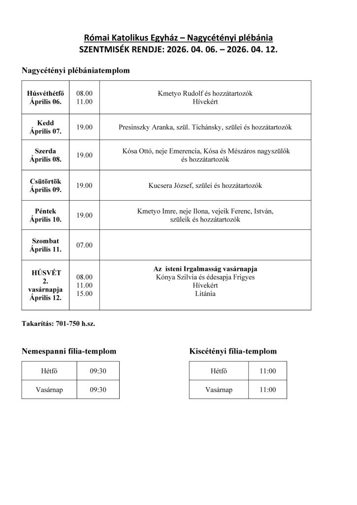 Szentmisék rendje 2026.&nbsp;4. 6.&nbsp;- 2026.&nbsp;4. 12.