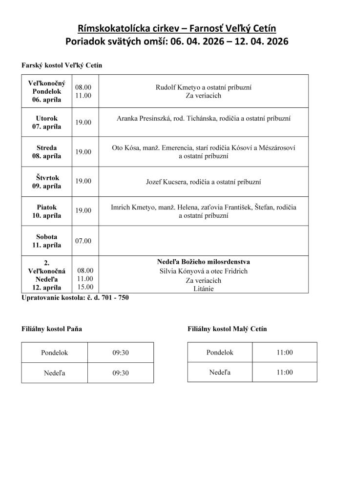 Poriadok svätých omší: 6.&nbsp;4. 2026&nbsp;- 12.&nbsp;4. 2026