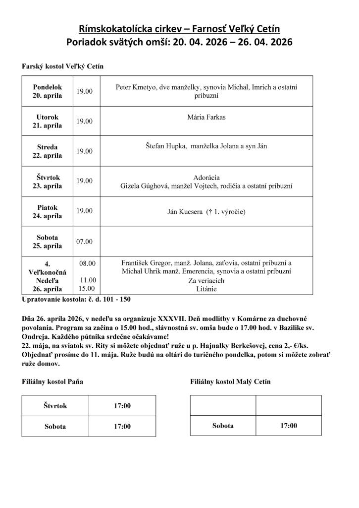 Poriadok svätých omší: 20.&nbsp;4. 2026&nbsp;- 26.&nbsp;4. 2026