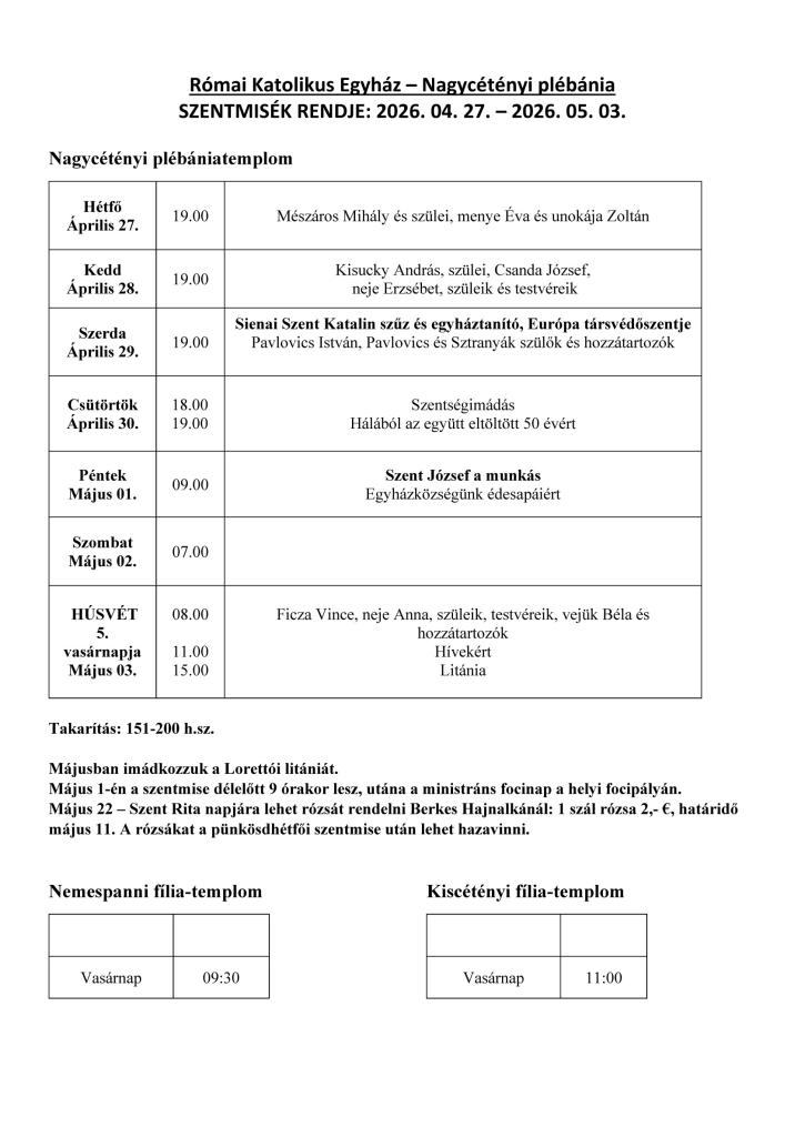 Szentmisék rendje 2026.&nbsp;4. 27.&nbsp;- 2026.&nbsp;5. 3.