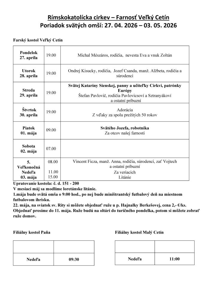 Poriadok svätých omší: 27.&nbsp;4. 2026&nbsp;- 3.&nbsp;5. 2026