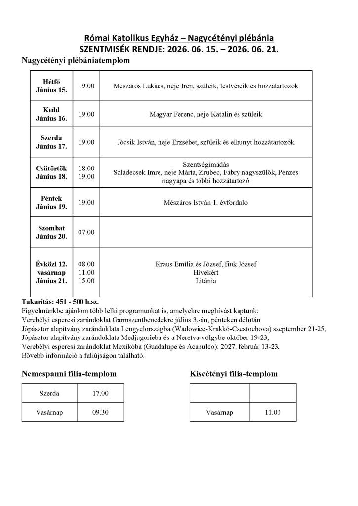 Szentmisék rendje 2026.&nbsp;6. 15.&nbsp;- 2026.&nbsp;6. 21.