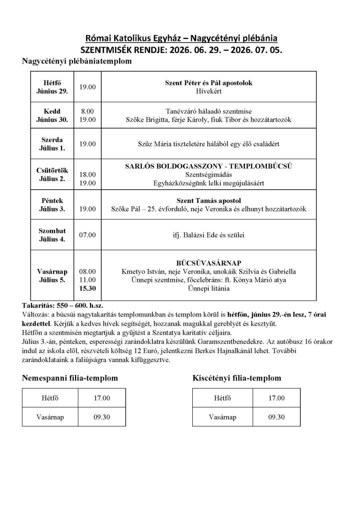 Szentmisék rendje 2026.&nbsp;6. 29.&nbsp;- 2026.&nbsp;7. 5.