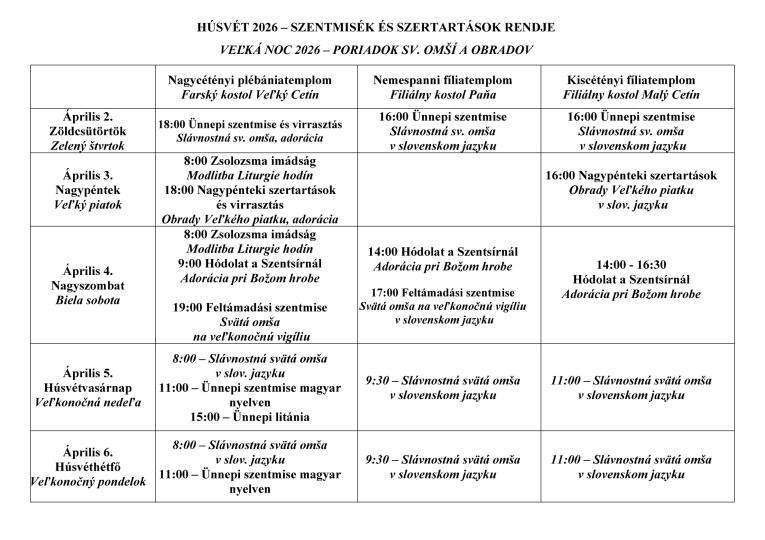 HÚSVÉT 2026&nbsp;– SZENTMISÉK ÉS SZERTARTÁSOK RENDJE