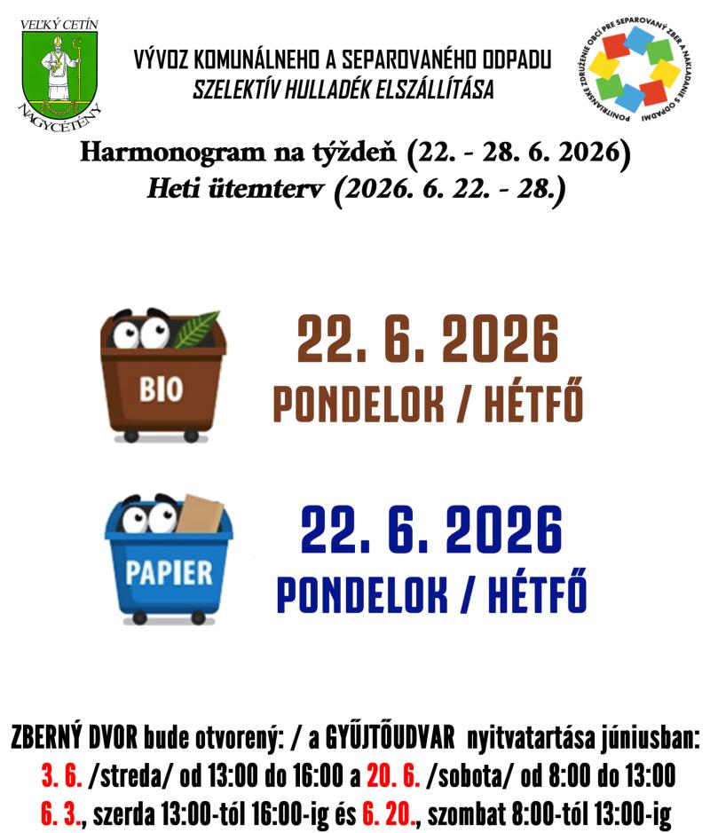Harmonogram na týždeň (22. 6. - 28. 6. 2026)