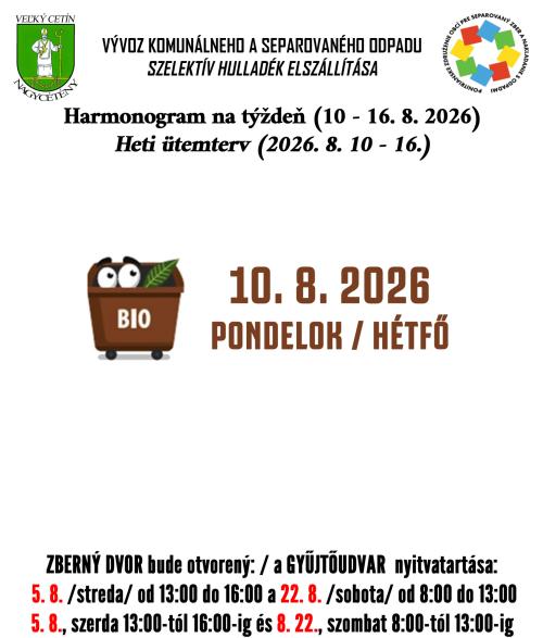 Harmonogram na týždeň (10. 8. - 16. 8. 2026)