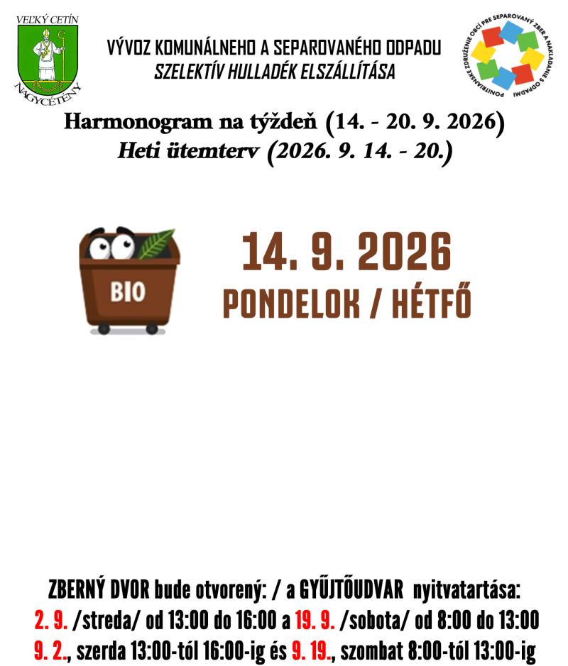 Harmonogram na týždeň (14. 9. - 20. 9. 2026)
