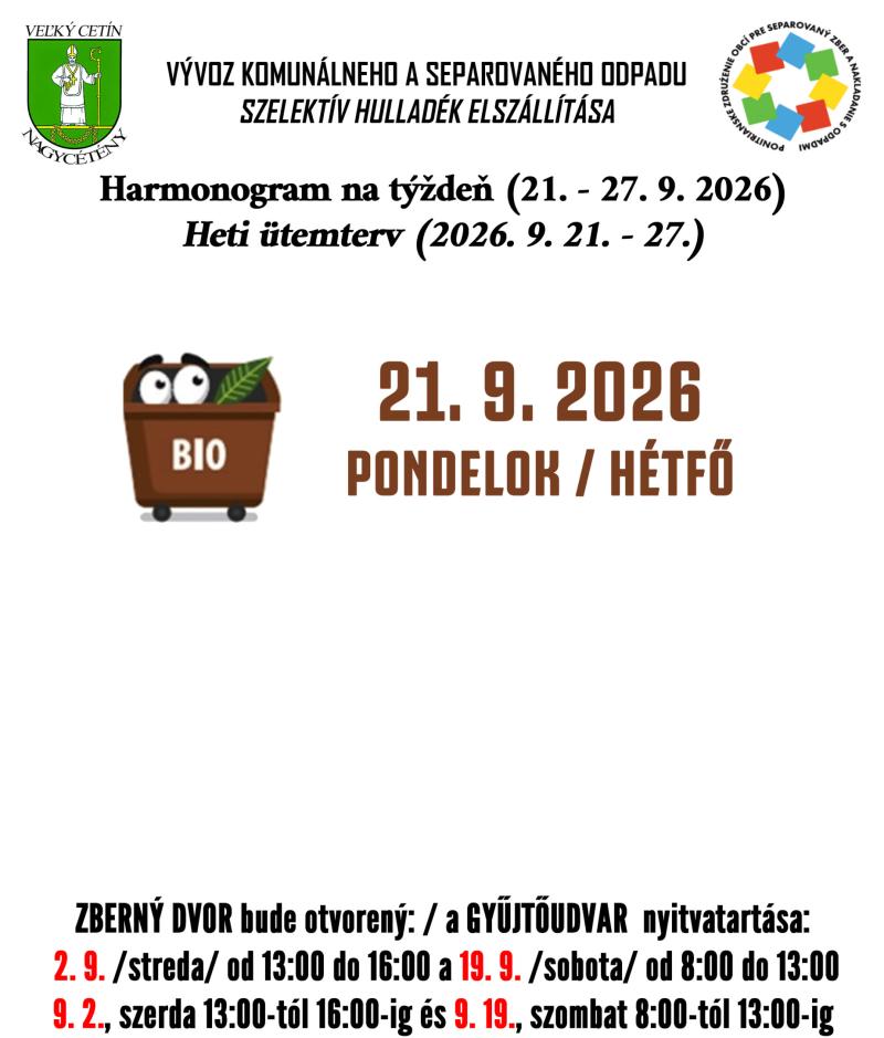 Harmonogram na týždeň (21. - 27. 9. 2026)