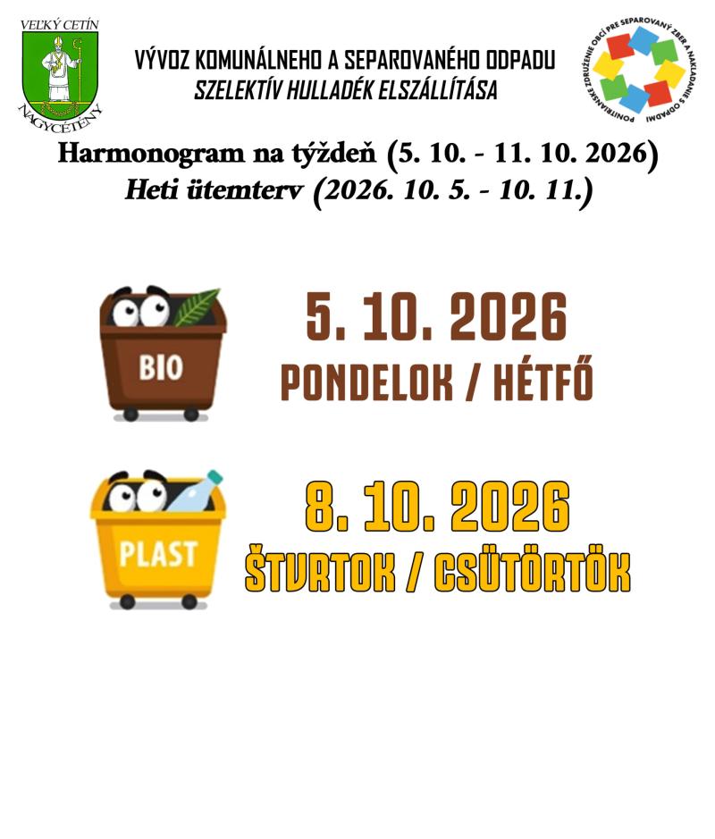 Harmonogram na týždeň (5. 10. - 11. 10. 2026)