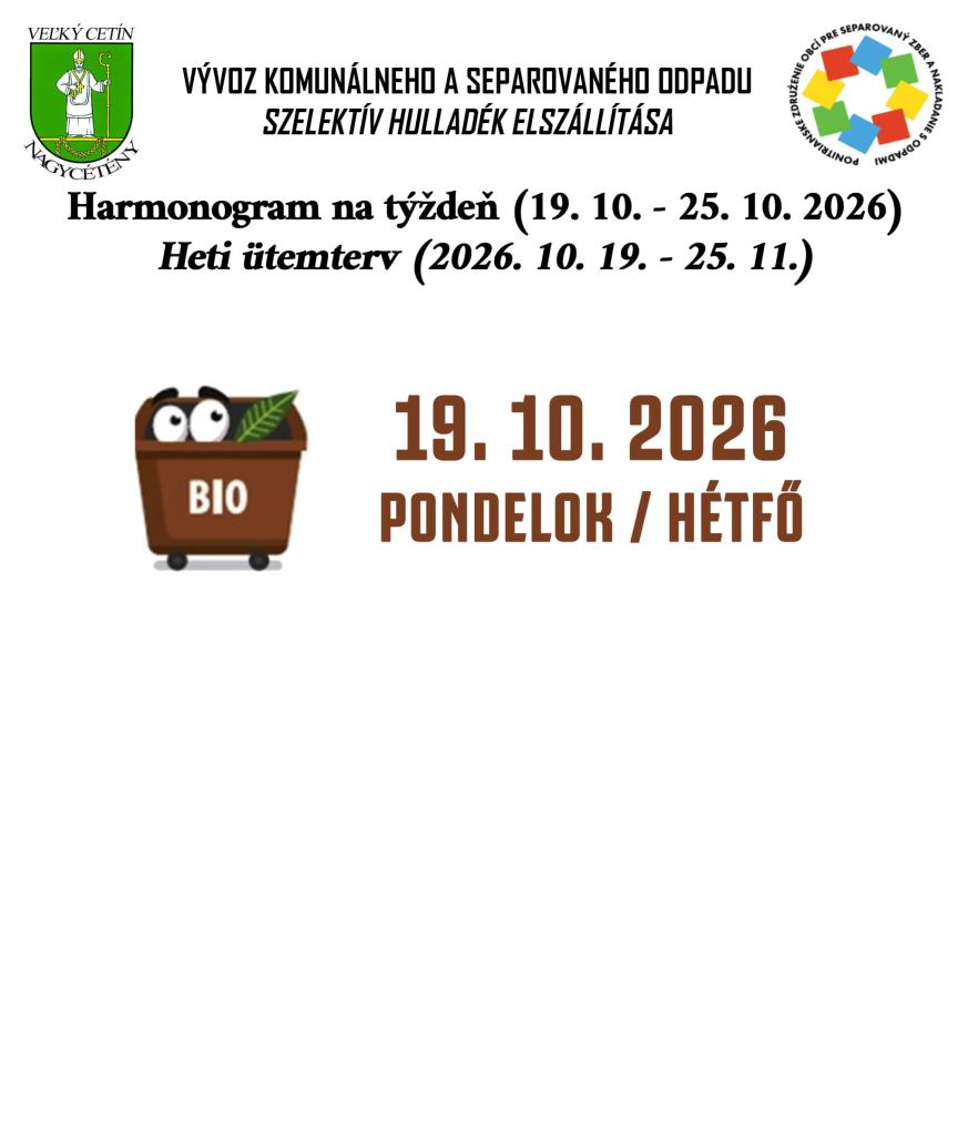 Harmonogram zvozu odpadu vo Veľkom Cetíne 19. – 25. 10. 2026